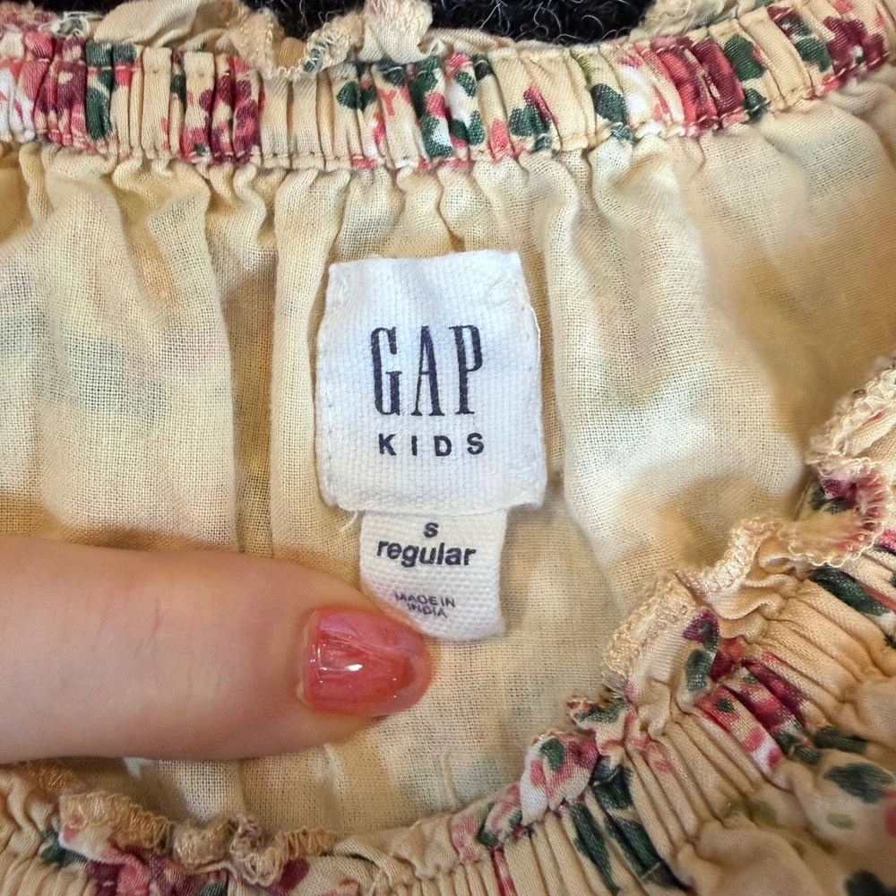 Gap Kids Floral Short Sleeve Dress Cream Red Rose Print Embroidered Trim Size S